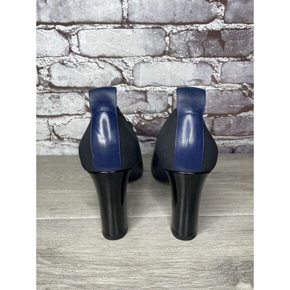 Via Spiga Midnight Navy Blue Leather Black Fabric Heels Women Sz 8.5B US/38.5EU - Picture 4 of 16
